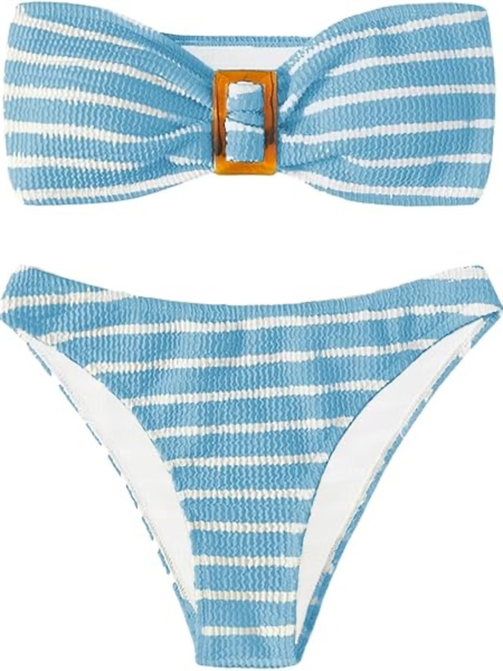 SHEIN Light Blue and White Striped Bandeau Bikini with Gold Buckle
